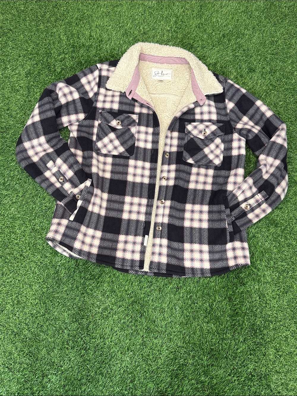 Soho Plaid Teddy-Lined Shacket in Black & Pink